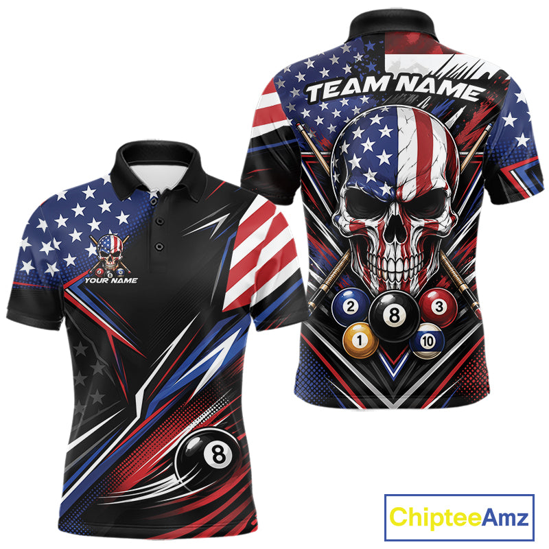 Custom Patriotic American Flag Skull Billiards Men Polo Shirt, US Flag Pool Jersey IPHW11784