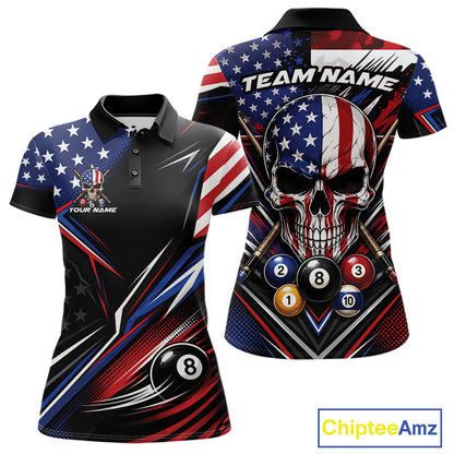 Custom Patriotic American Flag Skull Billiards Women Polo Shirt, US Flag Pool Jersey IPHW11784