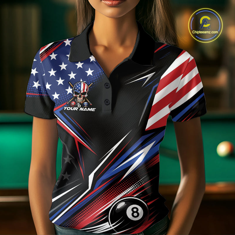 Custom Patriotic American Flag Skull Billiards Women Polo Shirt, US Flag Pool Jersey IPHW11784