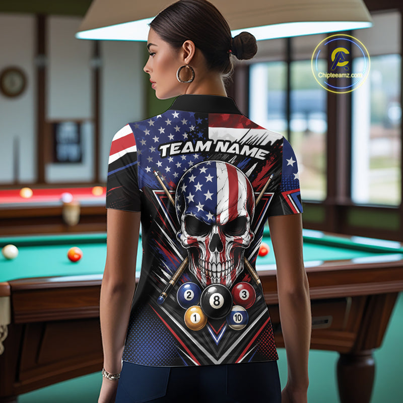 Custom Patriotic American Flag Skull Billiards Women Polo Shirt, US Flag Pool Jersey IPHW11784