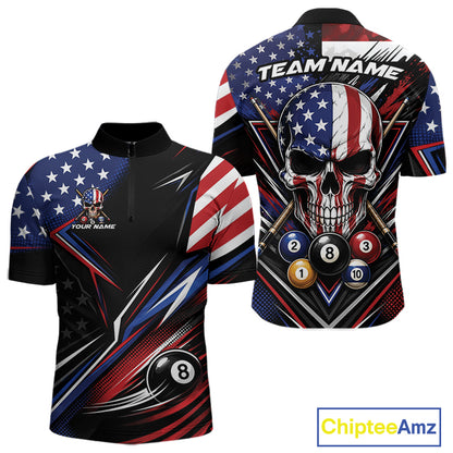 Custom Patriotic American Flag Skull Billiards Men Quarter Zip Shirt, US Flag Pool Jersey IPHW11784