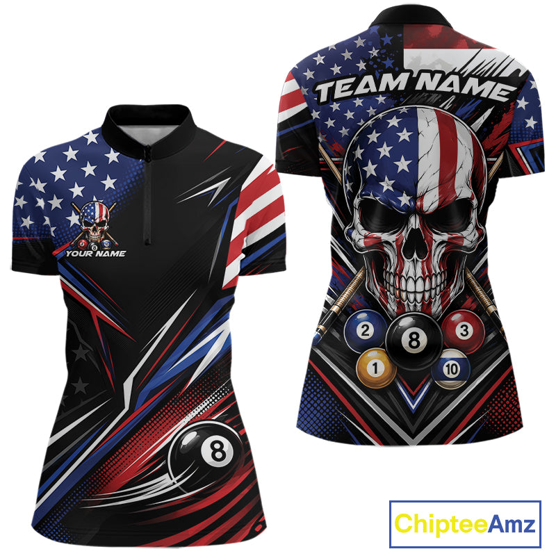 Custom Patriotic American Flag Skull Billiards Women Quarter-Zip Shirt, US Pool Jersey IPHW11784