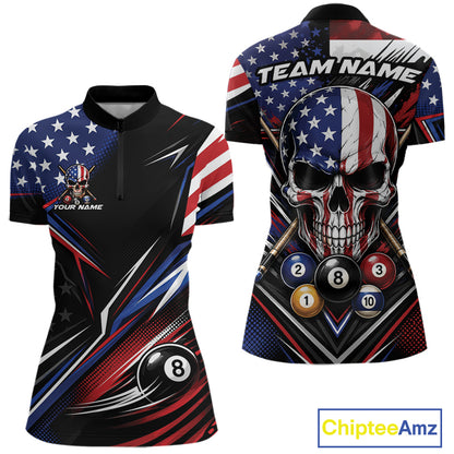 Custom Patriotic American Flag Skull Billiards Women Quarter-Zip Shirt, US Pool Jersey IPHW11784