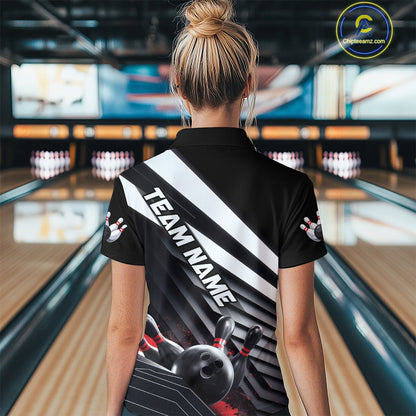 Custom Black And Red Strike Bowling Quarter-Zip Shirts For Women, Bowling Team Uniform IPHW9627