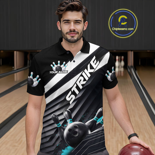 Custom Black And Blue Strike Bowling Polo Shirts For Men, Bowling Team Uniform IPHW9628