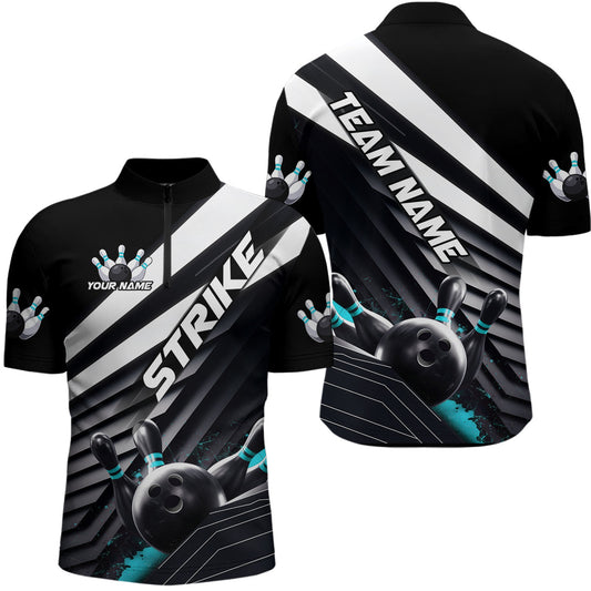 Custom Black And Blue Strike Bowling Quarter-Zip Shirts For Men, Bowling Team Uniform IPHW9628