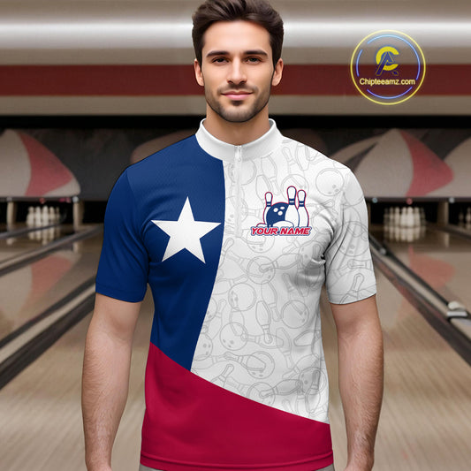 Custom Bowling Pattern Texeas Bowling Quarter-Zip Shirts For Men, Texas Bowling League Shirt IPHW9629
