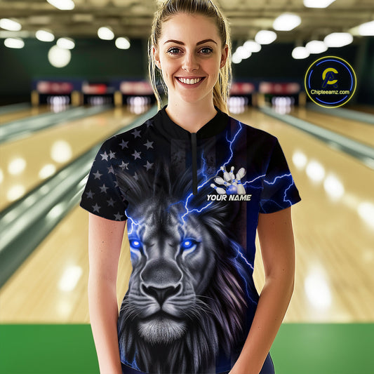 Custom Blue Thunder Lightning Patriotic Lion Women Quarter-Zip Shirt, US Bowling Jersey IPHW9320