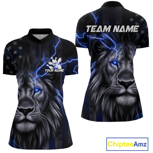 Custom Blue Thunder Lightning Patriotic Lion Women Quarter-Zip Shirt, US Bowling Jersey IPHW9320