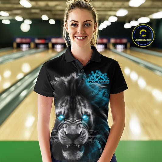 Custom Black And Blue Lion Bowling Polo Team Shirts For Women, Lion Bowling Jerseys IPHW9329