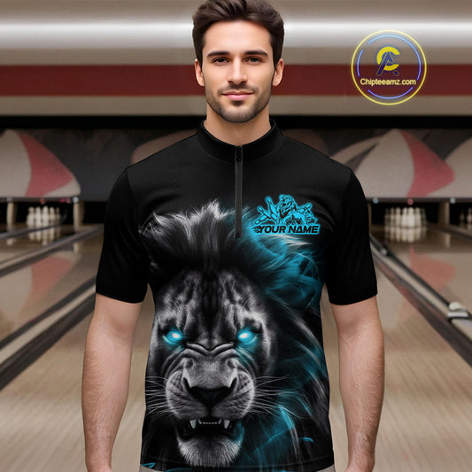 Custom Black And Blue Lion Bowling Quarter-Zip Team Shirts For Men, Lion Bowling Jerseys IPHW9329