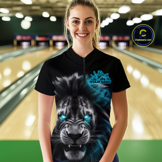 Custom Black And Blue Lion Bowling Quarter-Zip Team Shirt For Women, Lion Bowling Jersey IPHW9329