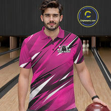 Load image into Gallery viewer, Man wearing a pink and black bowling shirt with a logo in a bowling alley.