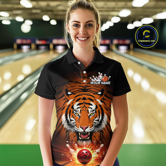 Custom Team Name Tiger Print Bowling Polo Shirt For Women, Bowling Team Tournament Outfit IPHW9092