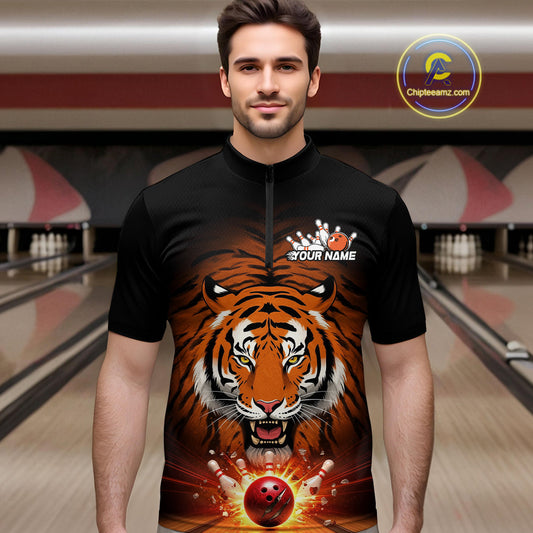 Custom Team Name Tiger Print Bowling Quarter-Zip Shirts For Men, Bowling Team Tournament Outfit IPHW9092