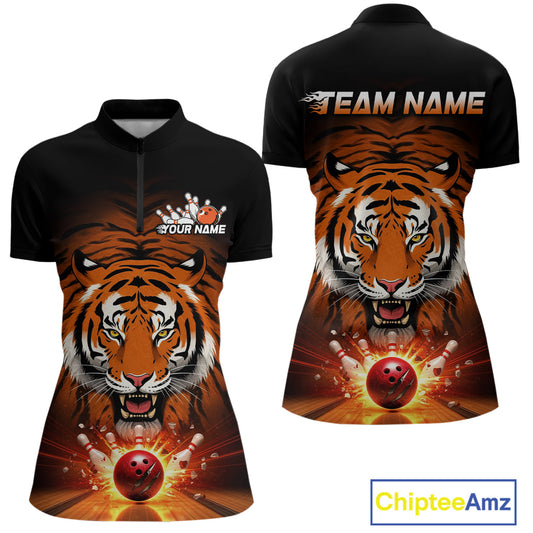 Custom Team Name Tiger Print Bowling Quarter-Zip Shirts For Women, Team Tournament Outfit IPHW9092