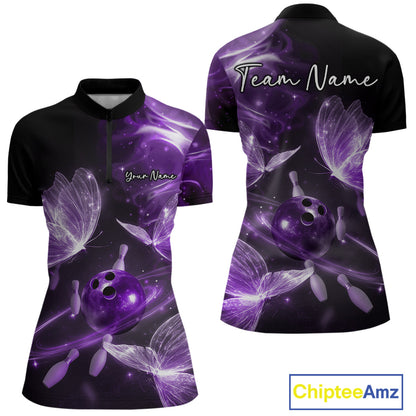 Custom Ethereal Purple Butterfliy Bowling Women Quarter-Zip Shirt, Ladies Bowling Outfit IPHW10239