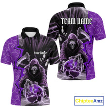 Load image into Gallery viewer, Custom Purple Thunder Lightning Grim Reaper Bowling Men Polo Shirt, Halloween Bowler Outfit IPHW9842