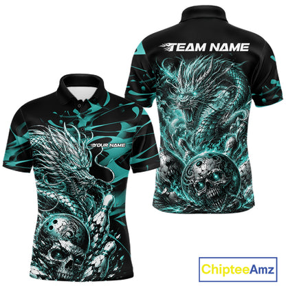 Personalised black and teal blue flaming dragon bowling shirt featuring a skull bowling ball and flying pins artwork