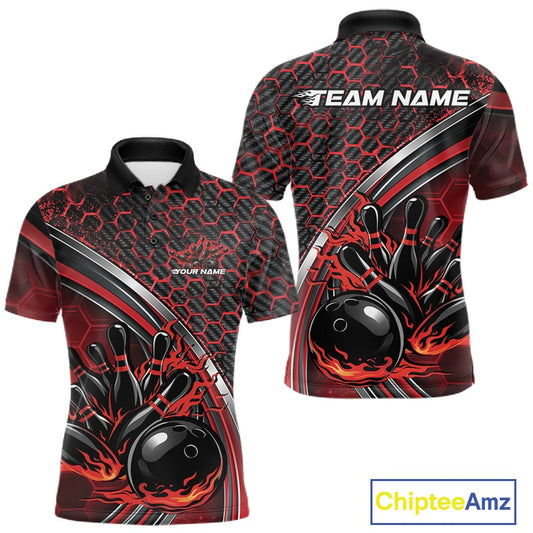 Front and back view of a mens bowling polo shirt mockup in black and red, featuring honeycomb pattern with a flaming bowling ball striking pins.