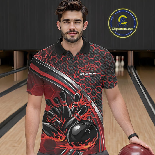Male model in a bowling lane wearing a black and red polo shirt with honeycomb texture and a dynamic flame bowling strike graphic.
