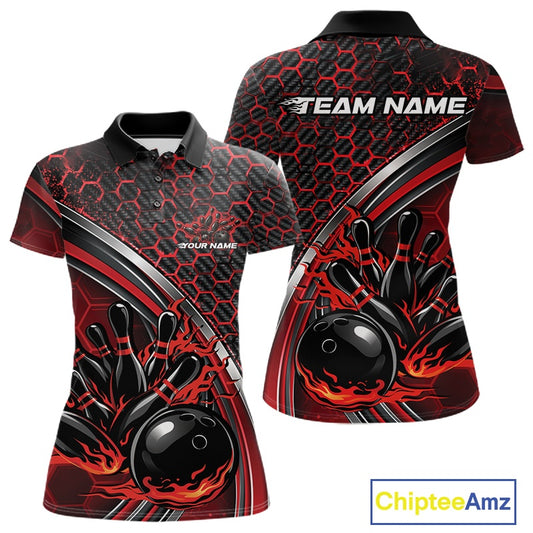 Front and back view of a womens bowling polo shirt mockup in black and red, featuring honeycomb pattern with a flaming bowling ball and pins.