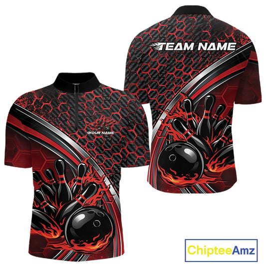 Front and back view of a mens bowling quarter zip shirt mockup in black and red, featuring honeycomb pattern with a flaming bowling ball striking pins.