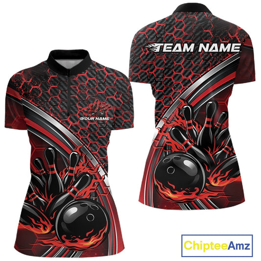 Women s bowling quarter zip mockup in black and red presented from front and back with honeycomb accents and flaming bowling ball and pins artwork.