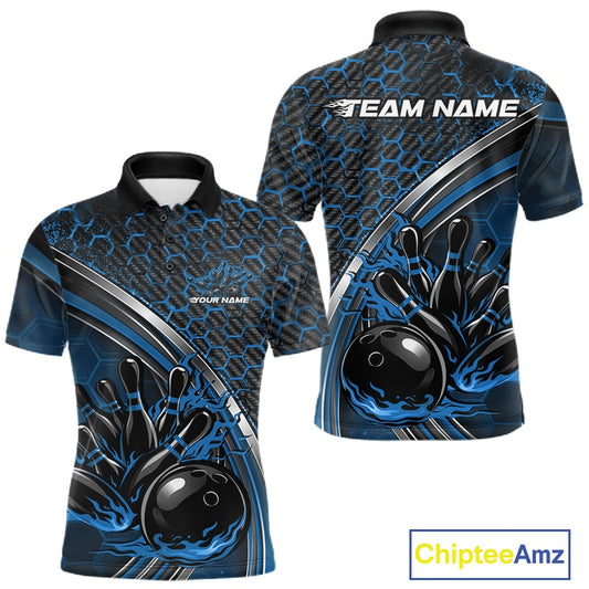 Front and back view of a mens bowling polo shirt mockup in black and blue, featuring honeycomb pattern with a flaming bowling ball striking pins.