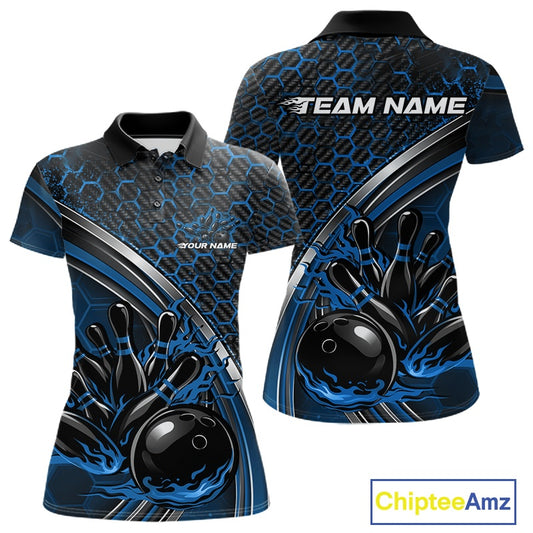 Front and back view of a womens bowling polo shirt mockup in black and blue, featuring honeycomb pattern with a flaming bowling ball striking pins.