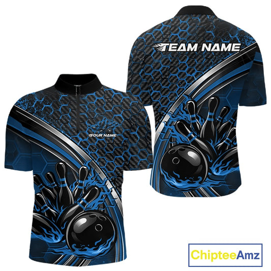 Front and back view of a mens bowling quarter zip shirt mockup in black and blue, featuring a honeycomb pattern with a flaming bowling ball striking pins.