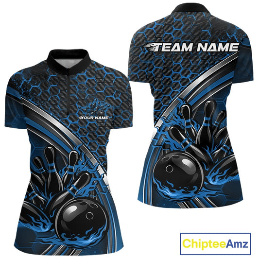Front and back view of a women s bowling quarter zip mockup featuring a honeycomb pattern with flaming bowling ball and pins graphics in black and blue.