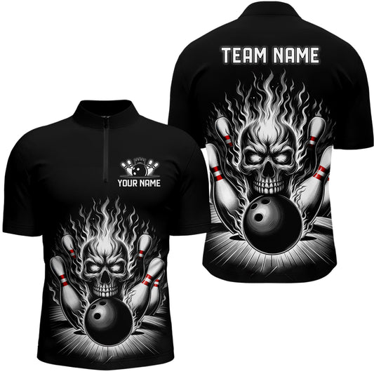 Personalized Unisex Skull Bowling Shirt Custom Team'S Name Flame Bowler Jerseys | Black And White IPHW6514