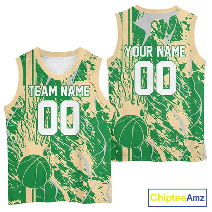 Custom Green And Cream Flame Basketball Jerseys With Name And Number, Basketball Team Uniform IPHW10528