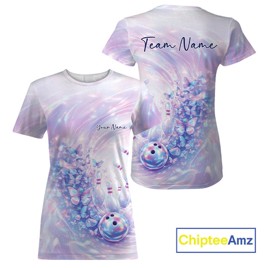 Front and back mockup of a womens crewneck bowling T-shirt featuring pastel purple and pink holographic butterflies and bowling graphics