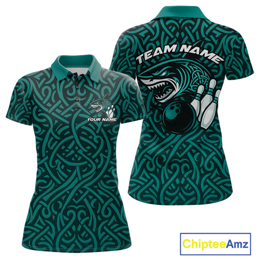 Custom Blue Tribal Shark Bowling Team Women Polo Shirt, Shark Bowling Tournament Shirt IPHW10177