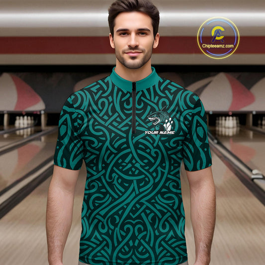 Custom Blue Tribal Shark Bowling Team Men Quarter-Zip Shirt, Shark Bowling Tournament Shirt IPHW10177