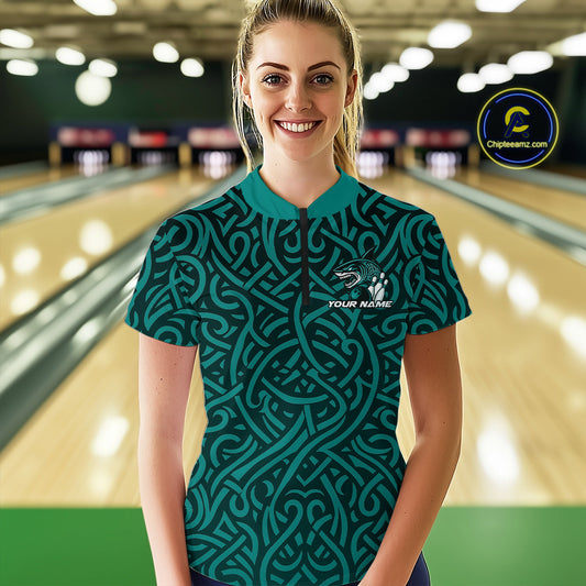 Custom Blue Tribal Shark Women Bowling Team Shirts, Shark Bowling Tournament Shirt IPHW10177