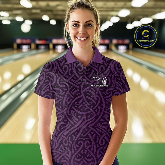 Custom Purple Tribal Shark Bowling Team Women Polo Shirt, Shark Bowling Tournament Shirt IPHW10178