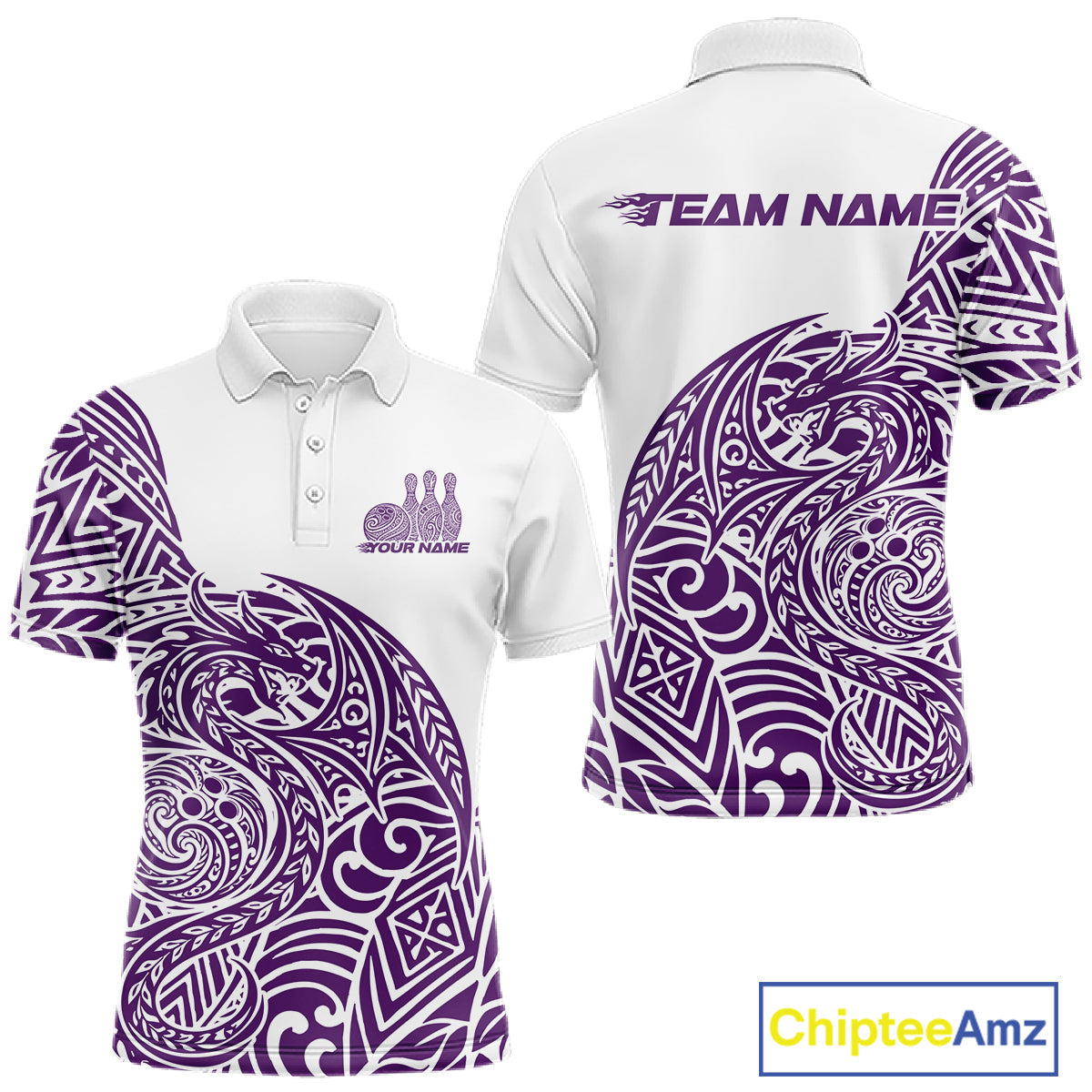 Custom Purple And White Tribal Dragon Men Bowling Polo Shirt, Polynesian Bowling Shirt IPHW10343