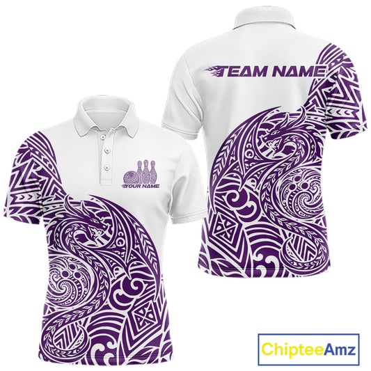 Custom Purple And White Tribal Dragon Men Bowling Polo Shirt, Polynesian Bowling Shirt IPHW10343