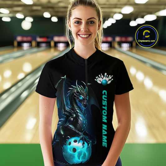 Custom Women Bowling Quarter Zip Shirts Blue Dragon Bowling Team Jerseys Bowling League IPHW5351
