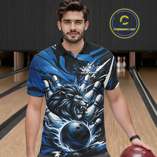 Custom Deep Blue Flame Bowling Ball Lion Bowling Jerseys, Lion Men Polo Bowling Shirt IPHW10349