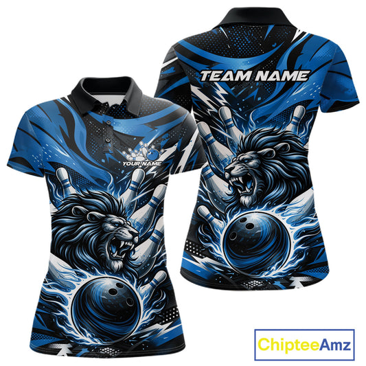Custom Deep Blue Flame Bowling Ball Lion Bowling Jerseys, Lion Women Polo Bowling Shirt IPHW10349
