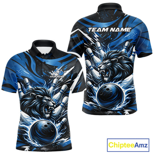 Custom Deep Blue Flame Bowling Ball Lion Bowling Jerseys, Lion Men Polo Bowling Shirt IPHW10349
