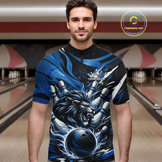 Custom Deep Blue Flame Bowling Ball Lion Bowling Jerseys, Lion Men Quarter-Zip Bowling Shirt IPHW10349