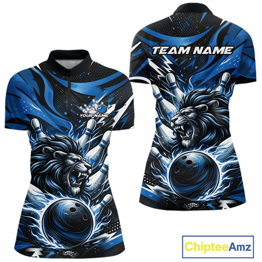 Custom Deep Blue Flame Bowling Ball Lion Bowling Jersey, Women Quarter-Zip Bowling Shirt IPHW10349