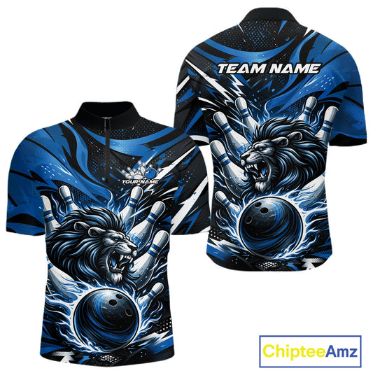 Custom Deep Blue Flame Bowling Ball Lion Bowling Jerseys, Lion Men Quarter-Zip Bowling Shirt IPHW10349