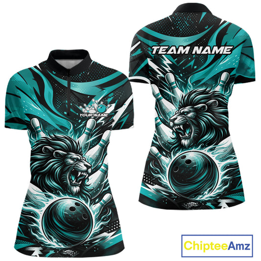 Custom Turquoise Blue Flame Bowling Ball Lion Bowling Jerseys, Women Quarter-Zip Shirt IPHW10350