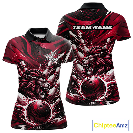 Custom Red Flame Bowling Ball Lion Bowling Jerseys, Lion Women Polo Bowling Shirt IPHW10351